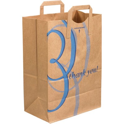 Professional 12"  7"  17" kraft paper grocery bags featuring reinforced flat handles and gusseted side walls for superior strength and capacity. Pre-printed "Thank You" messaging builds customer loyalty with every transaction. Case of 300 bags delivers economical, eco-friendly retail packaging that reduces product damage during handling and shipping.