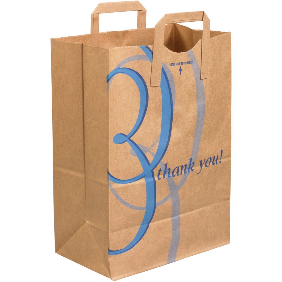 Professional 12"  7"  17" kraft paper grocery bags featuring reinforced flat handles and gusseted side walls for superior strength and capacity. Pre-printed "Thank You" messaging builds customer loyalty with every transaction. Case of 300 bags delivers economical, eco-friendly retail packaging that reduces product damage during handling and shipping.