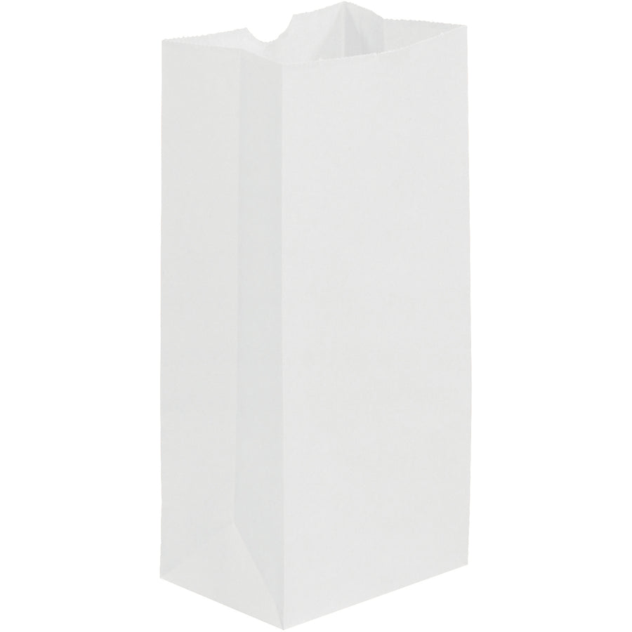 Durable 30 lb. basis weight white grocery bags designed for retail and food service applications. Gusseted side walls expand for bulky items, while thumb notches provide easy opening. 500 bags per case‚the efficient, cost-effective choice for high-volume packing operations.