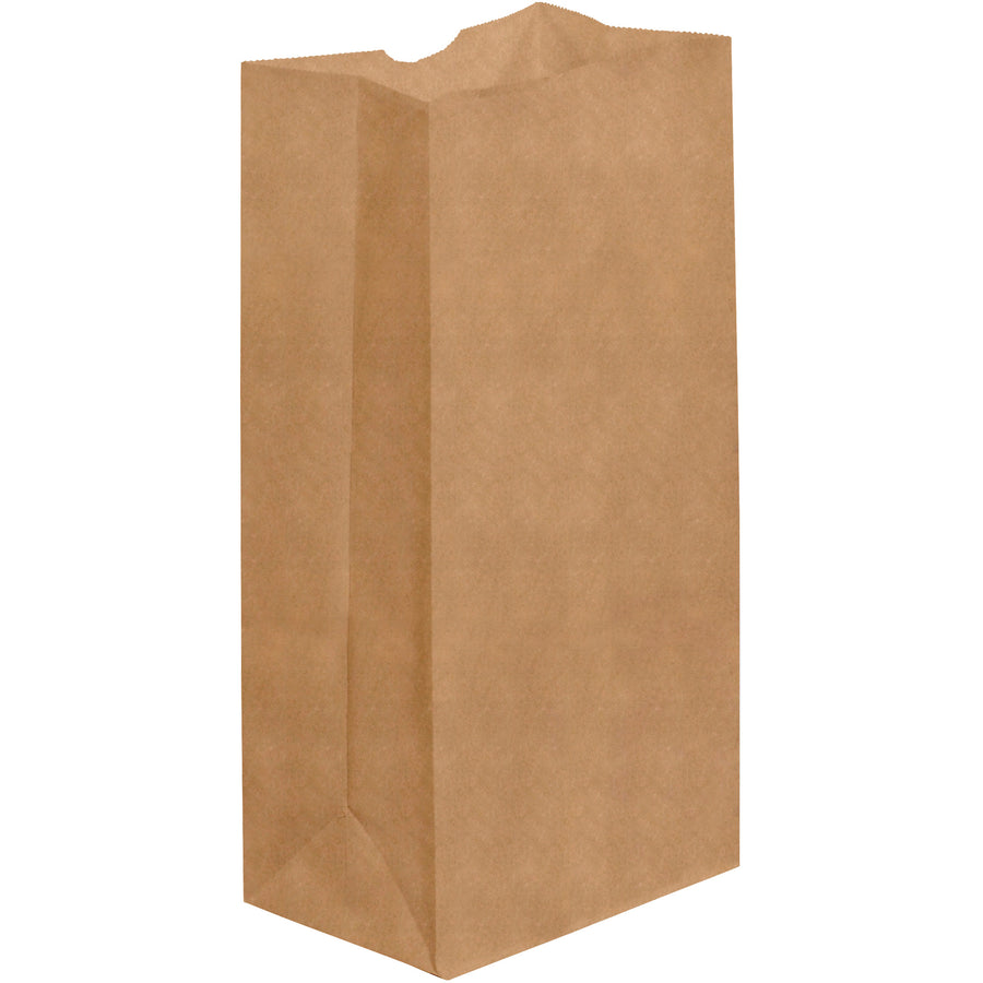 Professional-grade kraft grocery bags engineered for retail efficiency. 6 5/16" x 4 1/8" x 13 3/8" dimensions with reinforced gusseted sides handle bulky items easily. 35 lb. basis weight paper construction delivers durability without bulk, sold in convenient cases of 500 bags.