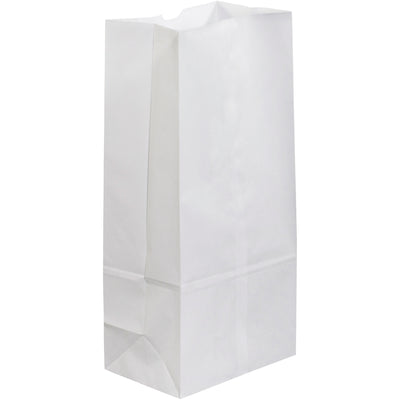 Professional-grade white paper grocery bags designed for retail and food service applications. Each case of 500 bags features 40 lb basis weight kraft construction with reinforced gusseted sides for maximum durability when packing bulky items. Convenient thumb notch opening, fully recyclable, and compliant with standard retail shipping requirements.