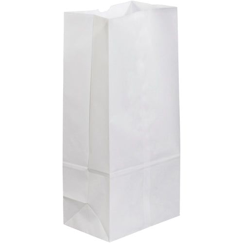 Professional-grade white paper grocery bags designed for retail and food service applications. Each case of 500 bags features 40 lb basis weight kraft construction with reinforced gusseted sides for maximum durability when packing bulky items. Convenient thumb notch opening, fully recyclable, and compliant with standard retail shipping requirements.