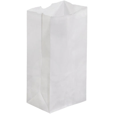 Heavy-duty white paper grocery bags sized 3.5" x 2.4" x 6.9" with gusseted side walls for maximum load capacity and easy packing. Made from sturdy 30 lb. basis weight paper with convenient thumb notch opening. One case contains 500 bags‚cost-effective bulk packaging for retail, food service, and e-commerce fulfillment.