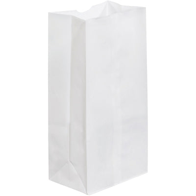 Professional-grade white grocery bags designed for high-volume retail and food service operations. 40 lb. basis weight paper with gusseted sides for secure packing of multiple or bulky items. Sold by the case of 500‚cost-effective solution with thumb notch opening and reusable, recyclable construction.