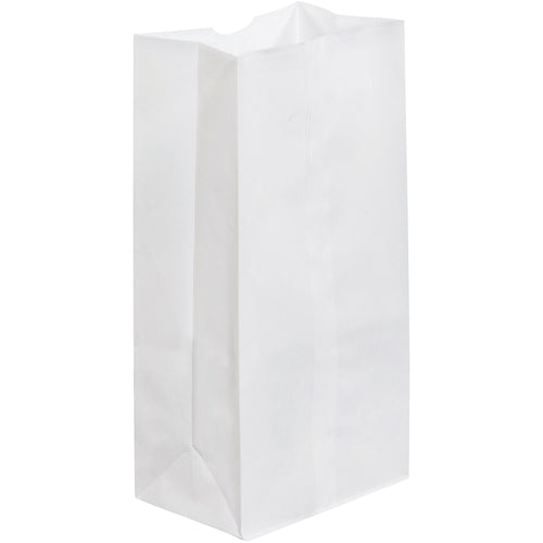 Professional-grade white grocery bags designed for high-volume retail and food service operations. 40 lb. basis weight paper with gusseted sides for secure packing of multiple or bulky items. Sold by the case of 500‚cost-effective solution with thumb notch opening and reusable, recyclable construction.