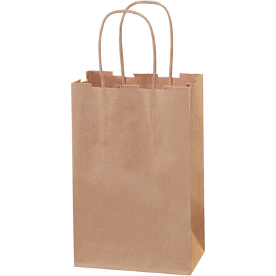 Industrial-grade kraft paper shopping bags built for retail operations that demand durability and cost efficiency. These 5.5" x 3.25" x 8.375" bags feature a sturdy 60 lb basis weight, twisted paper handles for secure carrying, and square bottoms for easy loading. Sold as a case of 250–fully reusable and recyclable.