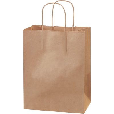 Stock durable kraft paper shopping bags with square bottoms and twisted handles‚built for retail, gift, and food service applications. These 8" x 4.5" x 10.25" bags feature 60 lb. basis weight construction for maximum load capacity. Sold by the case of 250 units.