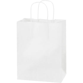 Professional-grade white paper shopping bags designed for retail efficiency and durability. 8" x 4.5" x 10.25" with twisted paper handles, 60 lb. basis weight, sold by the case of 250 bags. Stands flat-bottomed for easy packing and creates a quality brand impression.
