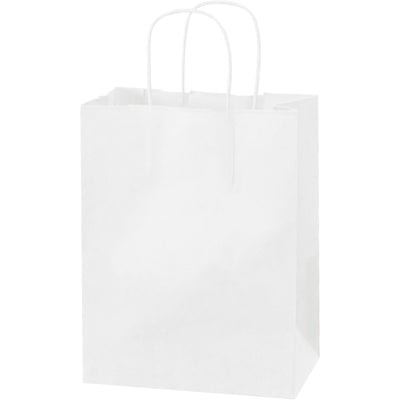 Professional-grade white paper shopping bags designed for retail efficiency and durability. 8" x 4.5" x 10.25" with twisted paper handles, 60 lb. basis weight, sold by the case of 250 bags. Stands flat-bottomed for easy packing and creates a quality brand impression.