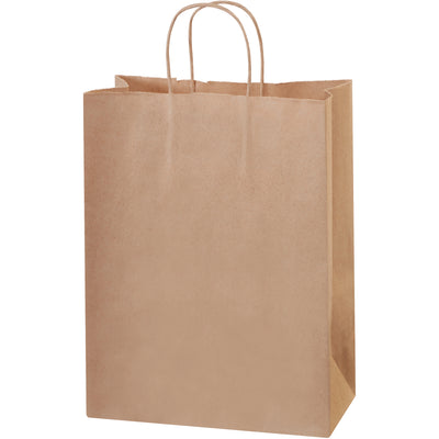 Heavy-duty kraft shopping bags (10" x 5" x 13") with square bottoms and reinforced twisted paper handles‚built for retail, gift packaging, and reuse. 60 lb. basis weight kraft material resists tearing and handles repeated use. Ships as case of 250 bags, delivering cost-efficient bulk packaging that meets shipping and retail compliance standards.