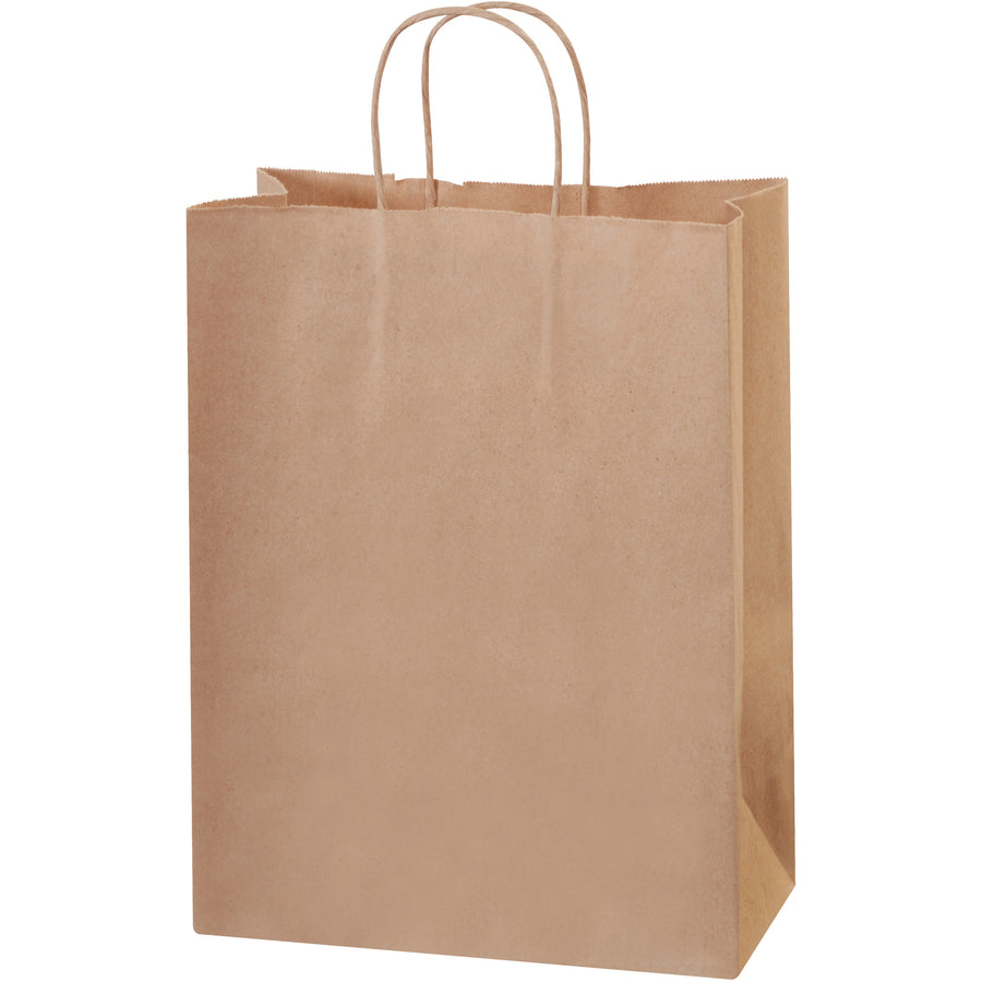 Heavy-duty kraft shopping bags (10" x 5" x 13") with square bottoms and reinforced twisted paper handles‚built for retail, gift packaging, and reuse. 60 lb. basis weight kraft material resists tearing and handles repeated use. Ships as case of 250 bags, delivering cost-efficient bulk packaging that meets shipping and retail compliance standards.