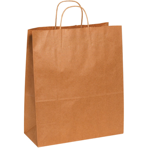 Premium 60 lb. basis weight kraft paper shopping bags designed for retail durability and reusability. Features square bottoms for easy loading and strong twisted paper handles that ensure comfortable, secure carrying. Sold by the case of 250 bags‚the cost-efficient choice for high-volume retail operations.