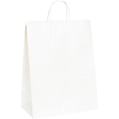 Move inventory faster with our 13x7x17 white paper shopping bags‚built to impress and perform. Heavy-duty 65lb basis weight with twisted handles for maximum strength and durability. Each case of 250 bags provides reliable, cost-efficient packaging for retail, boutiques, and gift shops.