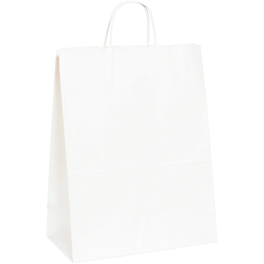 Move inventory faster with our 13x7x17 white paper shopping bags–built to impress and perform. Heavy-duty 65lb basis weight with twisted handles for maximum strength and durability. Each case of 250 bags provides reliable, cost-efficient packaging for retail, boutiques, and gift shops.