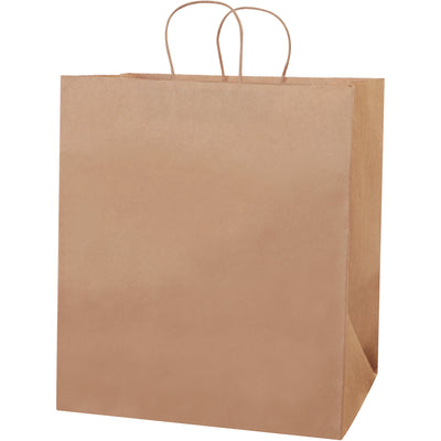 Heavy-duty kraft paper shopping bags designed for retail businesses and bulk gifting needs. Featuring 60 lb. basis weight construction with sturdy twisted paper handles and square bottoms for reliable, comfortable carrying. Sold as a case of 200 reusable and recyclable bags‚the cost-effective choice for high-volume retail operations.