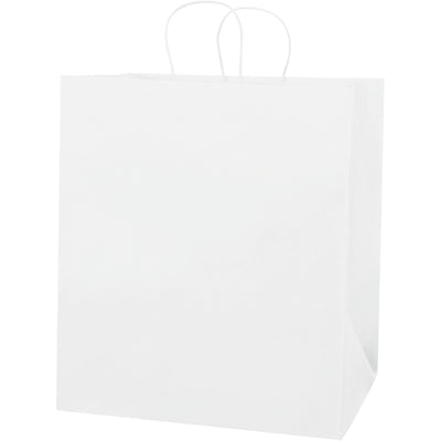 Professional-grade white paper shopping bags engineered for retail operations and bulk packaging. 14" x 10" x 16.25" dimensions with reinforced twisted handles that expand for easier loading. Case of 200 bags‚durable 65 lb. basis weight, fully recyclable, and built to make a quality impression.