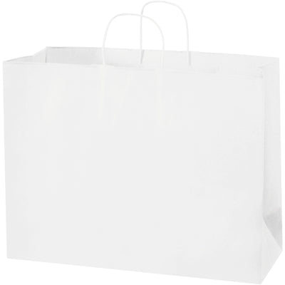 Heavy-duty white paper shopping bags designed for retail, gifts, and bulk purchases. 16" x 6" x 12" dimensions with twisted handles for maximum strength and durability. Flat-bottom design stands independently for efficient packing and storage. Sold by the case of 250.