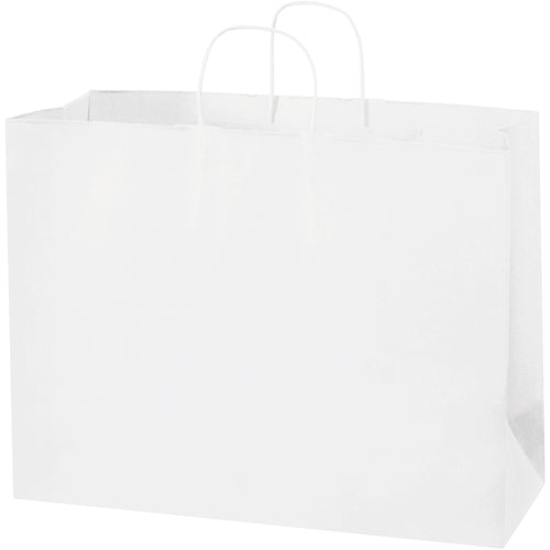 Heavy-duty white paper shopping bags designed for retail, gifts, and bulk purchases. 16