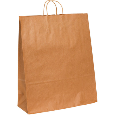 Heavy-duty kraft shopping bags with strong twisted handles and square bottoms for reliable retail and gift packaging. Made from 65 lb. basis weight kraft material for maximum durability and reusability. Case of 200 bags provides cost-efficient bulk packaging for retail businesses, event planners, and e-commerce fulfillment.