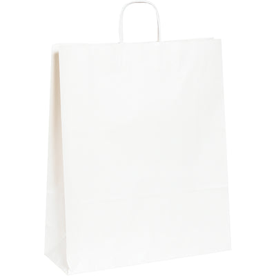 Professional-grade white paper shopping bags designed for retail environments that demand durability and cost-efficiency. Features twisted paper handles rated for heavy loads, expandable flat bottom design for easy packing, and 65lb basis weight construction. Sold by the case of 200 units.