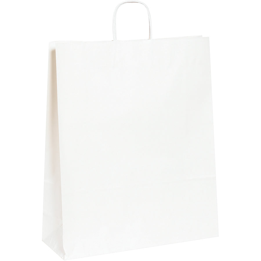 Professional-grade white paper shopping bags designed for retail environments that demand durability and cost-efficiency. Features twisted paper handles rated for heavy loads, expandable flat bottom design for easy packing, and 65lb basis weight construction. Sold by the case of 200 units.