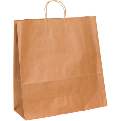 Stock your retail operation with durable 18x7x18 kraft paper shopping bags featuring strong twisted handles and square bottoms for easy loading. This case of 200 heavy-duty bags offers reliable performance for retail, gift packaging, and customer carries. Built from 70 lb. basis weight kraft material‚reusable, recyclable, and cost-efficient for high-volume retailers.