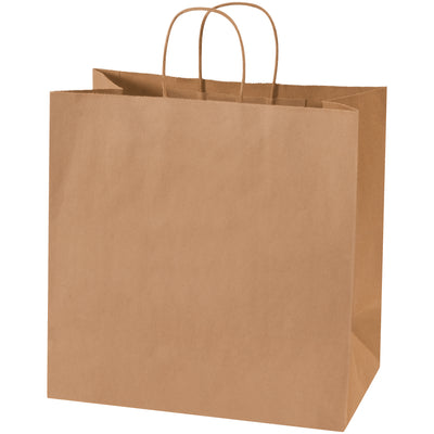 Heavy-duty kraft shopping bags in 13" x 7" x 13" dimensions with strong twisted paper handles and square bottoms for maximum durability and ease of loading. Made from 60 lb basis weight kraft material and fully recyclable. Sold by the case of 250 bags.