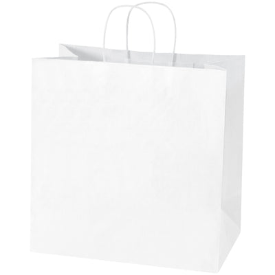 Professional white paper shopping bags designed for retail and food service applications. 13" x 7" x 13" with reinforced twisted handles and flat-bottomed construction that expands to stand upright. Bulk case of 250 bags made from 65 lb. basis weight paper‚durable, reusable, and fully recyclable.
