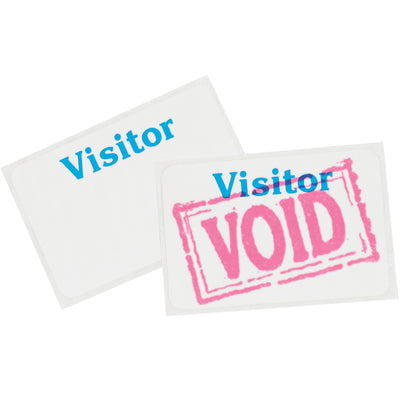 Self-expiring visitor badges that automatically void after 24 hours with a bright red VOID indicator. Simply adhere the two parts together to activate. Ideal for facilities requiring strict visitor control and compliance tracking. Sold as case of 100 badges (2"  3" each).