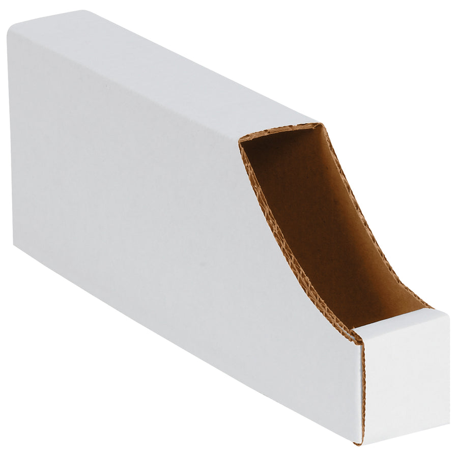 Maximize shelf space with these ECT-32-B white corrugated stackable bin boxes measuring 12x2x4.5 inches. Bundle of 50 units designed for parts organization and inventory management. Durable construction with writeable front panels for easy content identification and quick picking.