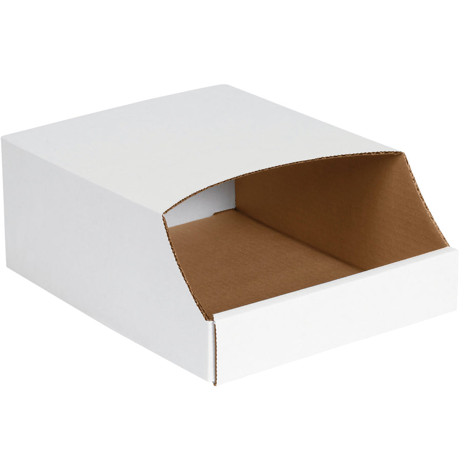 Keep parts and components organized in minimal warehouse space with these durable 9x12x4.5" white corrugated stackable bin boxes. Made from strong ECT-32-B material and sold as a convenient 50-pack bundle. Write directly on the front panel for instant content identification and easy inventory management.