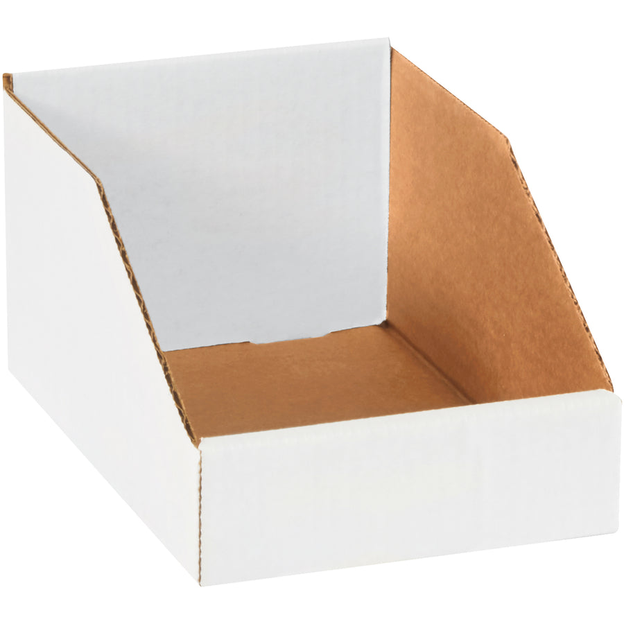 Heavy-duty ECT-32-B white corrugated bin boxes designed for warehouse and work area organization. These 6x9x4.5" parts bins feature ample front panel space for content identification and assemble in seconds. Bundle of 25 boxes delivers cost-efficient, compliant storage for industrial operations.