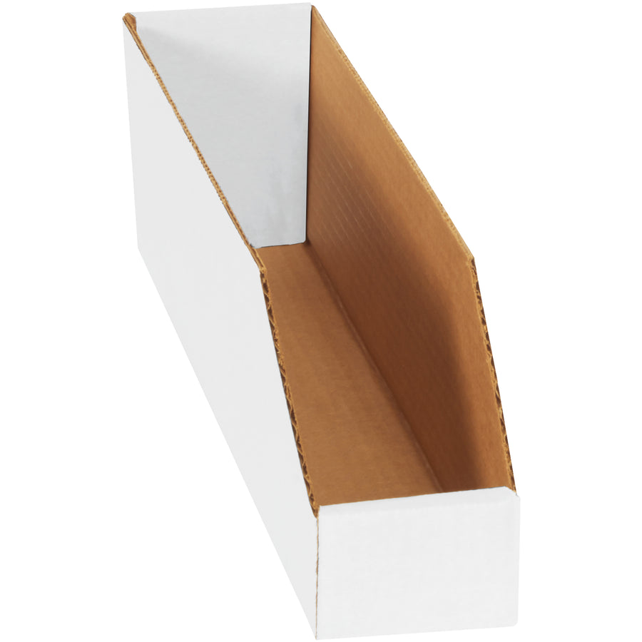 Heavy-duty ECT-32-B white corrugated bin boxes built for warehouse and shelf storage. At 18" deep with generous front labeling space, these open-top cartons organize and protect small parts, components, and inventory. Sold in convenient 25-pack bundles–quick assembly, immediate deployment.
