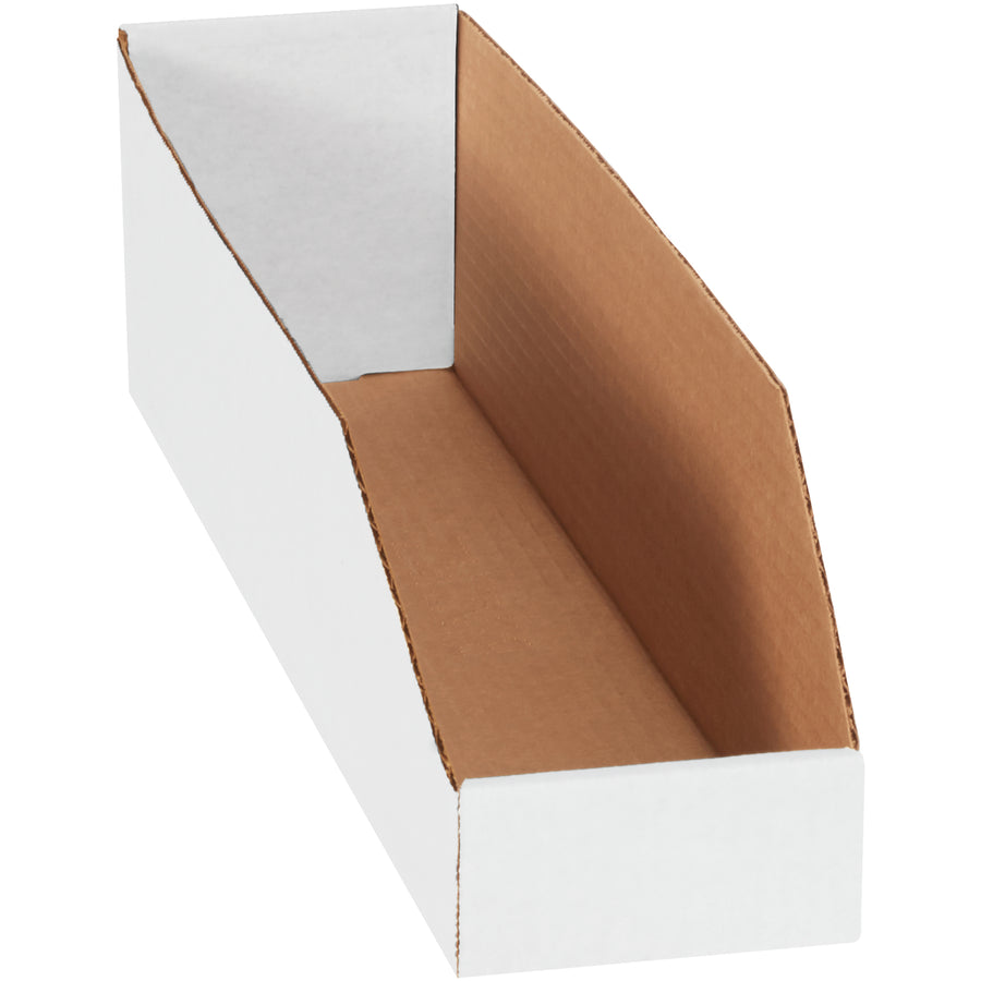 Heavy-duty 4x18x4.5" white corrugated bin boxes built from ECT-32-B material for maximum durability and cost-efficiency. Bundle of 50 units ships ready to assemble–perfect for parts organizers, shelf storage, and warehouse inventory systems. Large front panel accommodates custom labeling and product identification.