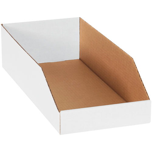 Quick-assembly white corrugated bin boxes designed for warehouse organization and parts storage. Each box measures 8