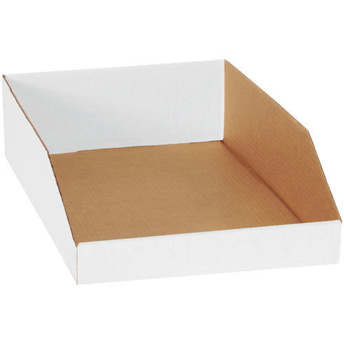 Industrial-strength ECT-32-B white corrugated bin boxes perfect for warehouse organization, parts storage, and shelf organization. These 18x12x4.5