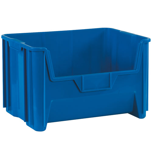 Heavy-duty HDPE injection-molded stackable bins designed for industrial storage, recycling, and medical applications. Stack up to 6 bins high to maximize vertical warehouse space while maintaining structural integrity. Includes large label holders for easy content identification–sold as a case of 3.