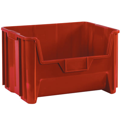 Heavy-duty red HDPE stackable bins designed for warehouse storage, recycling, and medical applications. Injection molded construction with 6-high stacking capacity and easy-to-use label holders. Ships as a case of 3 units.