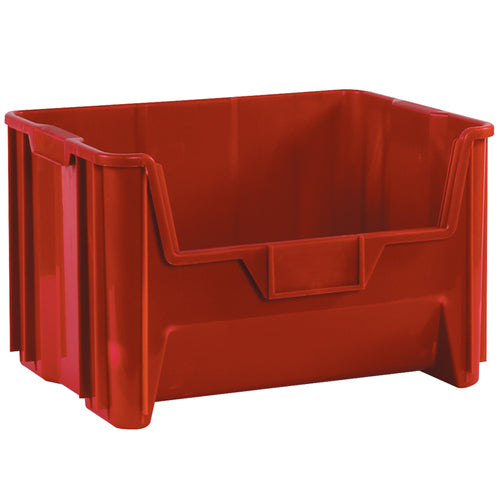 Heavy-duty red HDPE stackable bins designed for warehouse storage, recycling, and medical applications. Injection molded construction with 6-high stacking capacity and easy-to-use label holders. Ships as a case of 3 units.