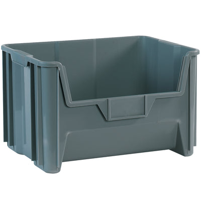 Industrial-grade gray plastic bins engineered for maximum warehouse efficiency. These giant stackable bins measure 19‚Öû"  15¬º"  12‚Å∑‚ÅÑ‚ÇÅ‚ÇÜ" and stack securely up to 6 units high, creating organized storage systems that save floor space. Injection-molded HDPE construction with integrated label holders‚sold as a case of 3.