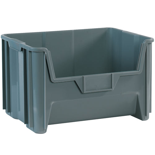 Industrial-grade gray plastic bins engineered for maximum warehouse efficiency. These giant stackable bins measure 19⅞