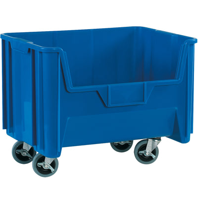 Heavy-duty mobile giant stackable bins built to transport and organize large industrial parts without breaking down. These 19 7/8"x15 1/4"x12 7/16" blue plastic storage bins feature 4 locking and swivel casters for seamless mobility on warehouse floors. Sold as a case of 3 with large label holders for instant content identification.
