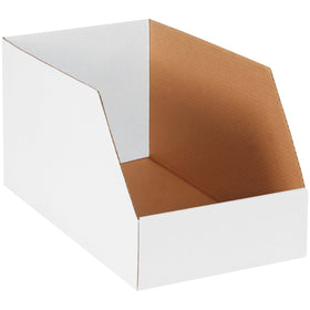 Heavy-duty 18x10x10 corrugated bin boxes designed for organizing and storing large, bulky industrial parts. High-sided open-top design maximizes capacity and protection while providing easy access. ECT-32-B white corrugated construction delivers durability you need for warehouse bin organization–25-box bundle ready to ship.