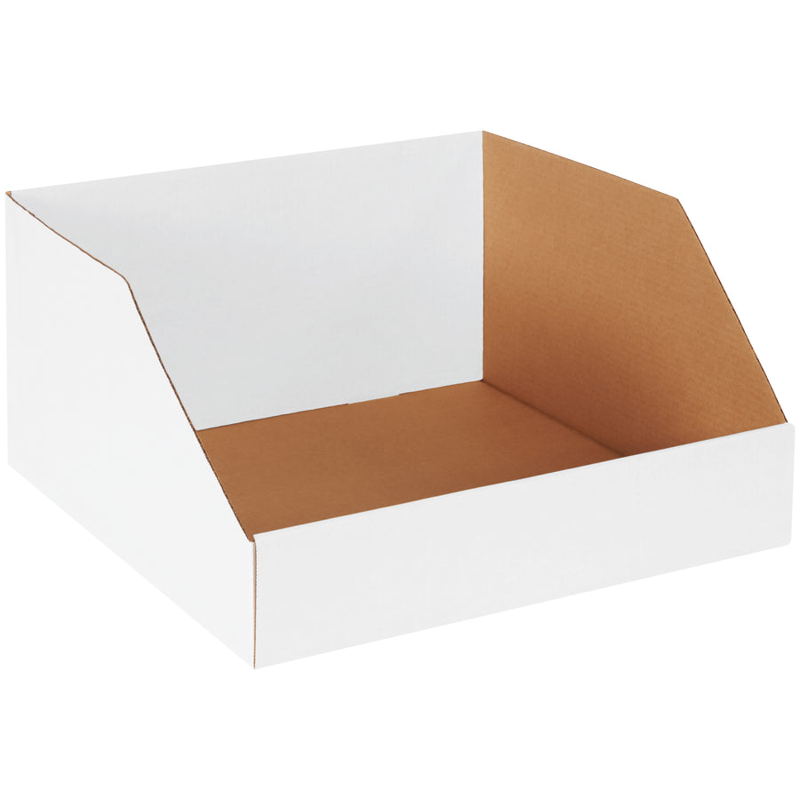 Heavy-duty 18x18x10 white corrugated bin boxes made from ECT-32-B material for reliable warehouse storage and parts organization. High-sided design maximizes shelf storage capacity and protects bulky parts during transit and handling. Bundle of 25 boxes delivers cost-effective solution for industrial packaging needs.