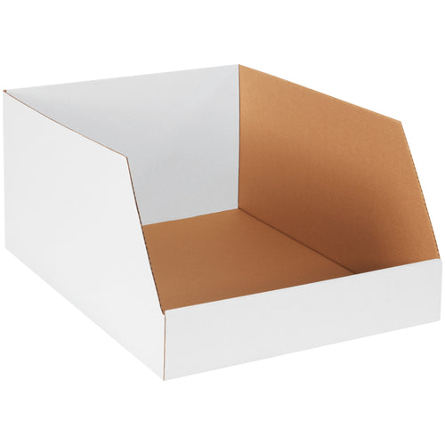 Durable ECT-32-B white corrugated bin boxes engineered for heavy-duty parts storage and warehouse organization. Each 18x24x12