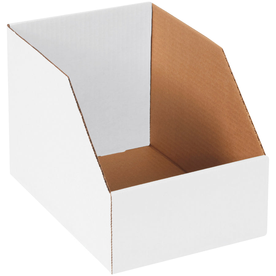 Heavy-duty 12x8x8" white corrugated bin boxes built from ECT-32-B material for maximum durability and protection. Perfect for organizing and storing large bulky parts on warehouse shelves. Bundle of 25 boxes provides cost-effective inventory management and open-top accessibility for easy access.
