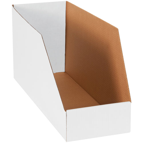 Heavy-duty 24x8x12 jumbo bin boxes perfect for storing and organizing large, bulky industrial parts. Made from strong ECT-32-B white corrugated material with high sides for maximum protection and capacity. Sold as a bundle of 25 boxes for cost-effective warehouse shelf storage and parts organization.