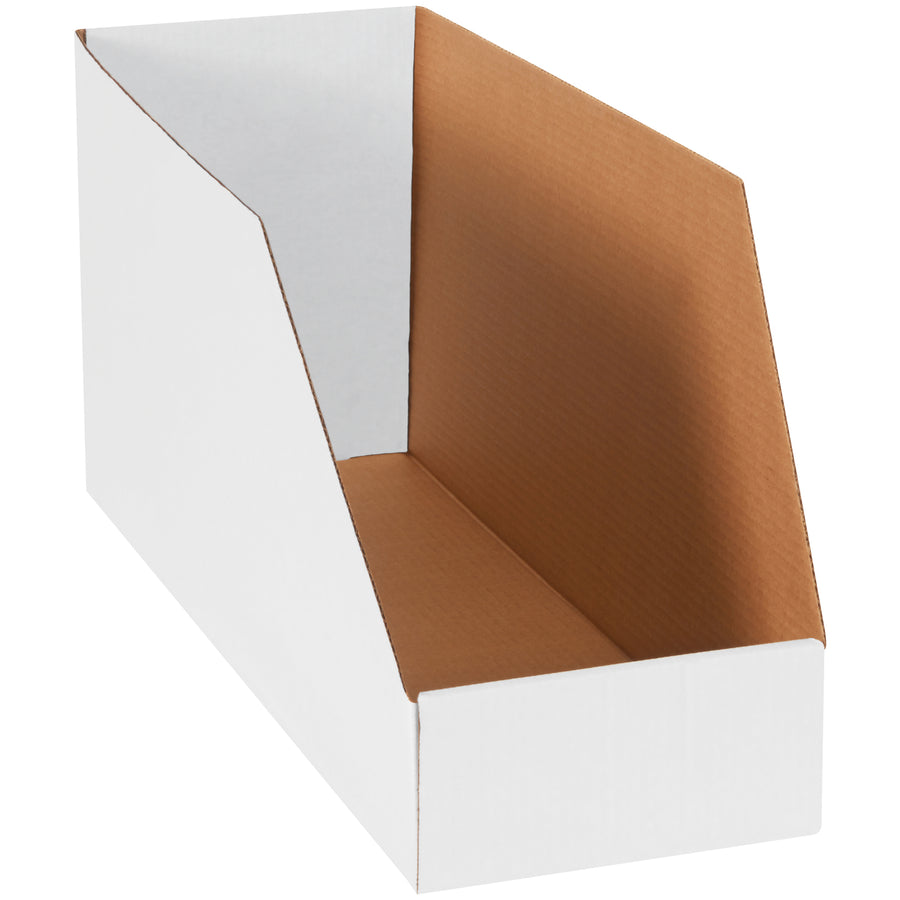 Heavy-duty 24x8x12 jumbo bin boxes perfect for storing and organizing large, bulky industrial parts. Made from strong ECT-32-B white corrugated material with high sides for maximum protection and capacity. Sold as a bundle of 25 boxes for cost-effective warehouse shelf storage and parts organization.