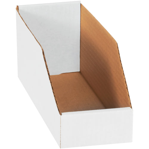 Heavy-duty ECT-32-B white corrugated bin boxes designed for warehouse and shelf storage organization. These 4x12x4.5