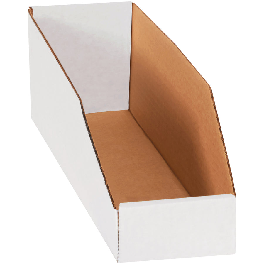 Durable ECT-32-B white corrugated bin boxes designed for warehouse organization and parts storage. 4x15x4.5" dimensions with easy assembly‚ideal for labeling and quick identification on shelving systems. Bundle of 50 units for cost-effective inventory management.